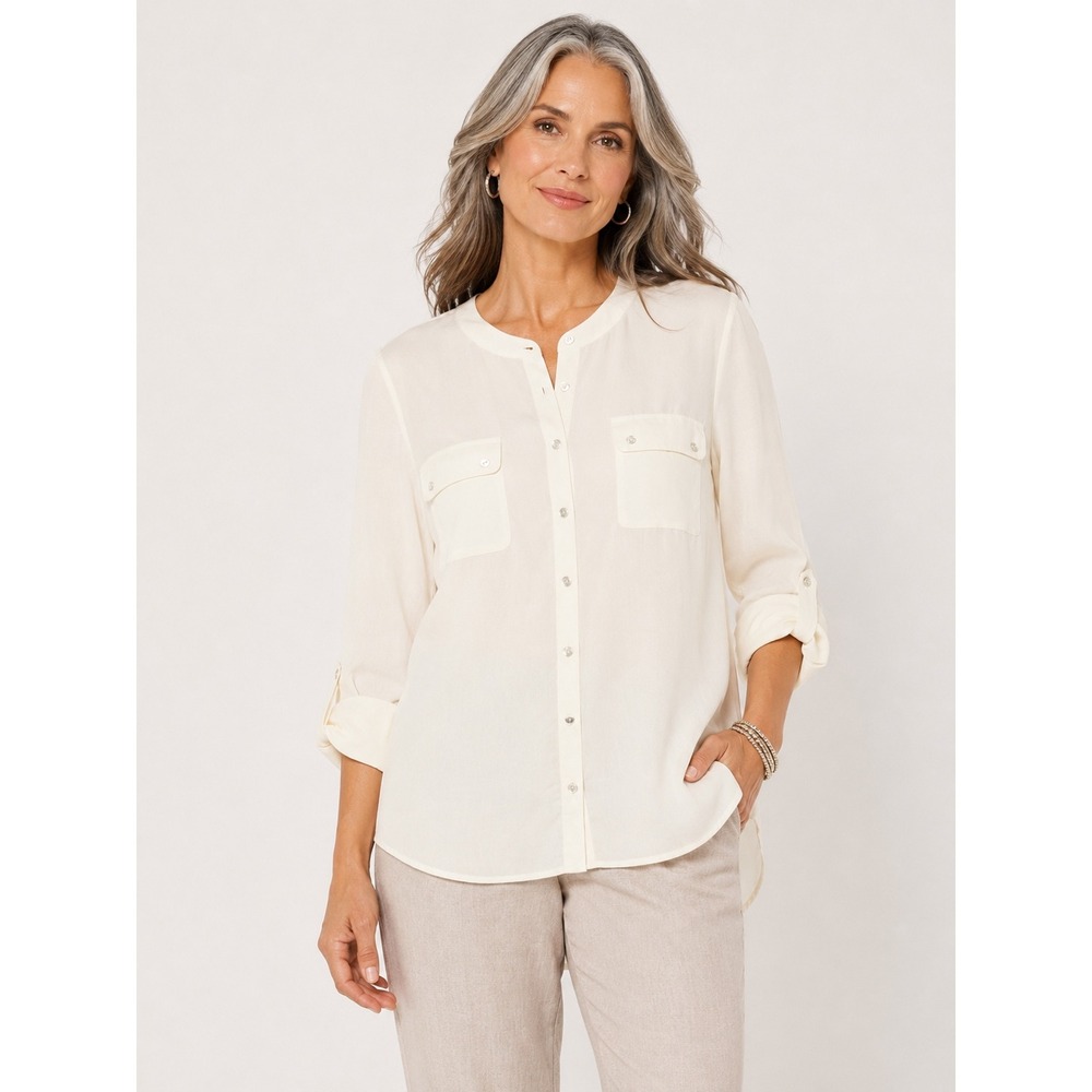 Chico's Women Button Down Blouse Size 3 XL Ivory Roll Tab Utility Shirt Tunic